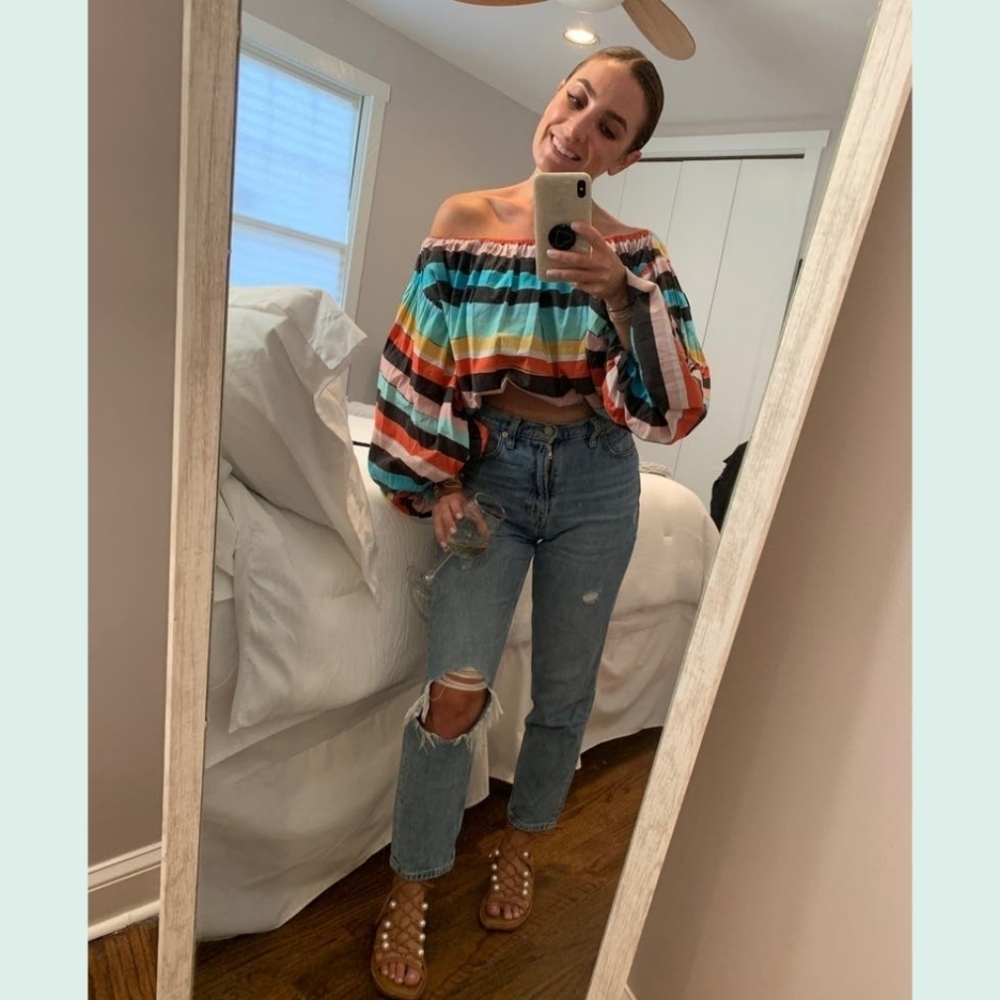 CAROLINE CONSTAS Andros Striped Off-the-Shoulder Balloon-Sleeve Crop Top